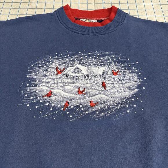 Vintage Grandma Sweatshirt Womens Large Birds Graphic Farm Cardinals Winter Blue - Picture 6 of 14
